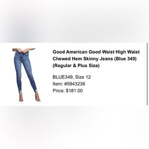 Good American Good Waist High Waist Chewed Hem Skinny Jeans (Blue 349) - Size 12